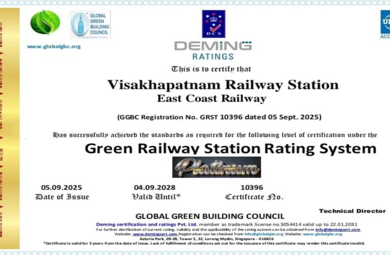 Visakhapatnam Railway Station Receives Platinum Green Certification