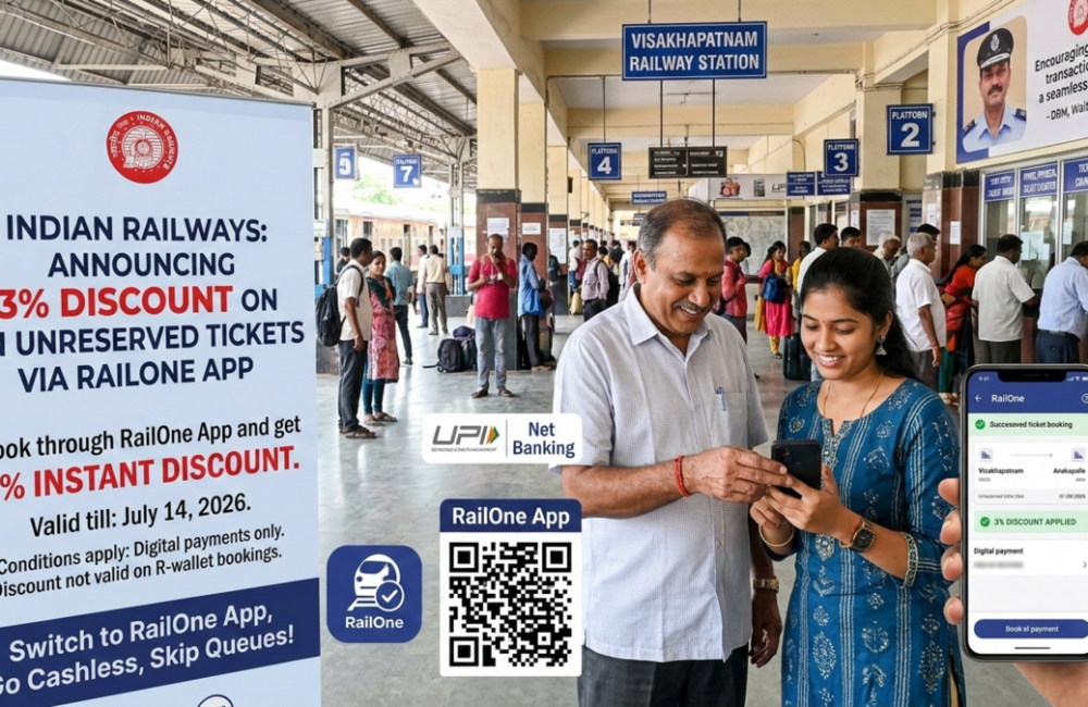 Railways Offers 3% Discount on Unreserved Tickets via RailOne App