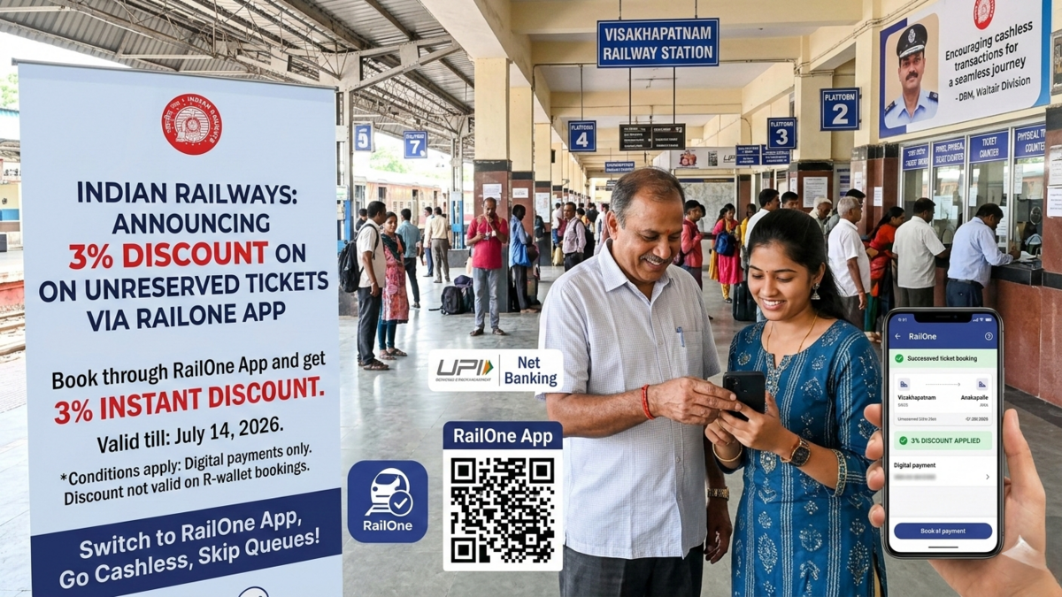Railways Offers 3% Discount on Unreserved Tickets via RailOne App