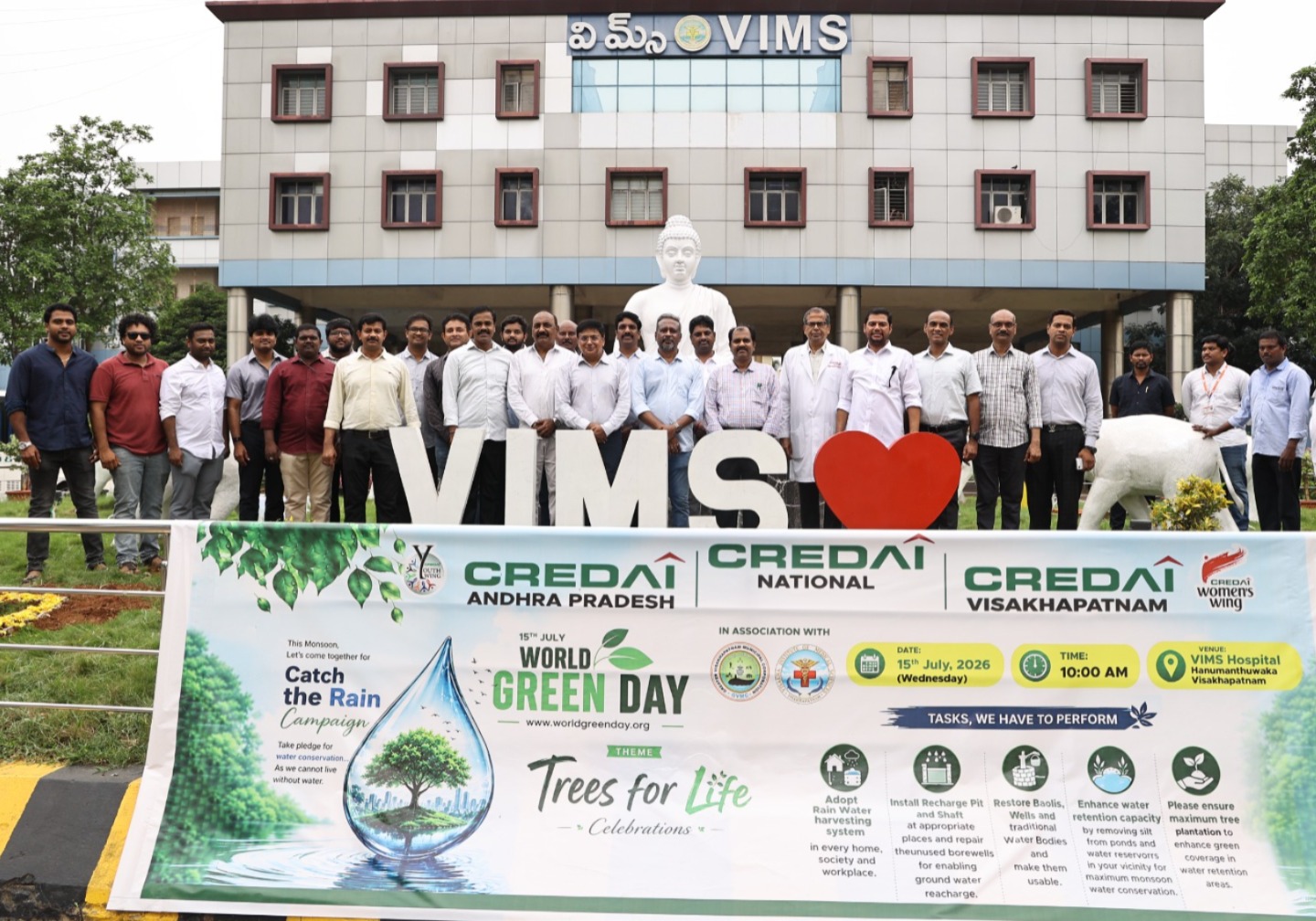 CREDAI Visakhapatnam Chapter, in association with the Greater Visakhapatnam Municipal Corporation (GVMC) and the Visakha Institute of Medical Sciences (VIMS), organised a plantation drive at the VIMS Hospital campus on Wednesday to mark World Green Day. More than 500 saplings were planted under the theme "Trees for Life." GVMC Additional Commissioner (Public Health) P. Nallanayya inaugurated the programme by planting the first sapling. VIMS Director Dr. Manmadha Rao also took part in the programme and commended the initiative. Addressing the gathering, Mr. Nallanayya stressed the need for collective efforts to expand green cover and protect the environment through sustained afforestation initiatives. He said the plantation drive was in line with the concept of net-zero healthcare campuses. Fruit-bearing and shade-giving saplings were planted at various locations across the hospital campus, including along road dividers and near the administrative block. The initiative aims to enhance green cover, promote biodiversity, and create a healthier environment for patients, visitors, and staff. Among those present were CREDAI Andhra Pradesh president Bayana Srinivasa Rao, CREDAI Visakhapatnam Chapter chairman V. Dharmender, chapter president E. Ashok Kumar, secretary V. Sreenu, GVMC Deputy Director of Horticulture C. Jaya Vasuki, along with committee members, doctors, hospital staff, and volunteers.